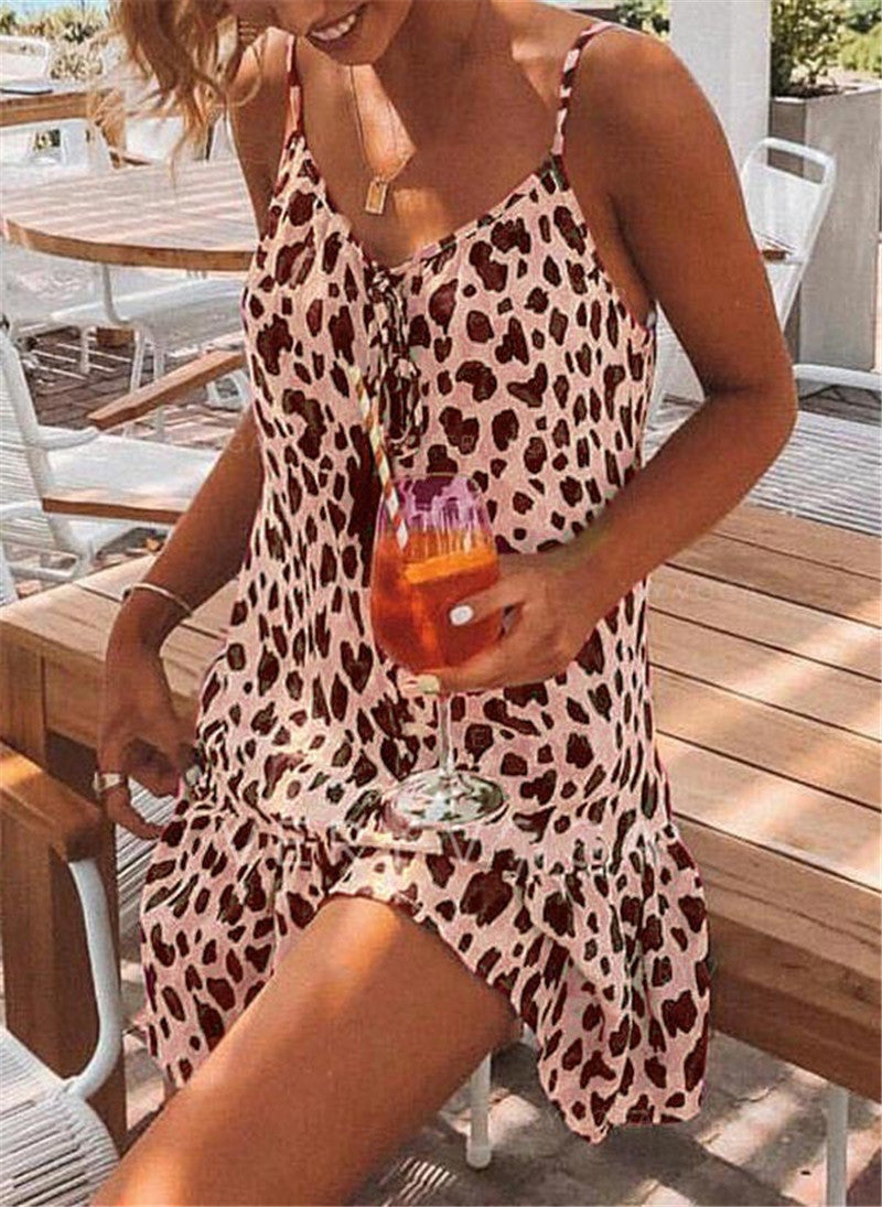 Women Casual Sexy Leopard Print Summer Loose Bohemian Mini Dress