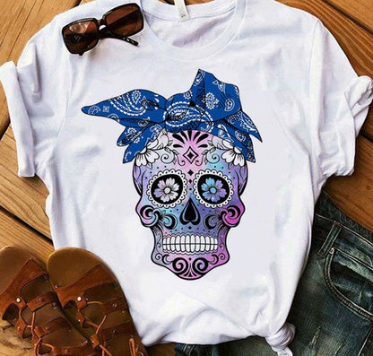 Camiseta de manga corta con estampado de calavera de Halloween para mujer