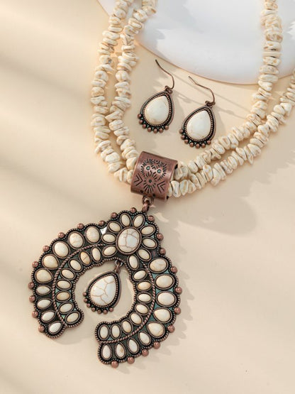 Conjunto de pendientes y collar con colgante geométrico para mujer - Joyería retro floral turquesa