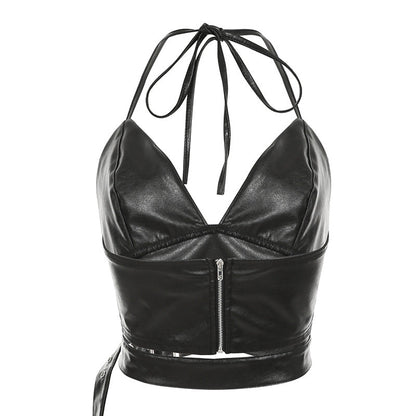 Haut court moulant en cuir à dos nu et col en V pour femme