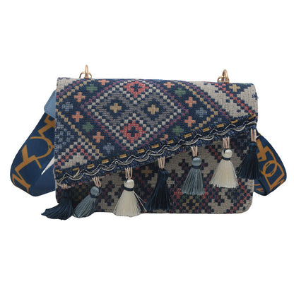 Bolso bandolera bohemio vintage con flecos y correa ancha