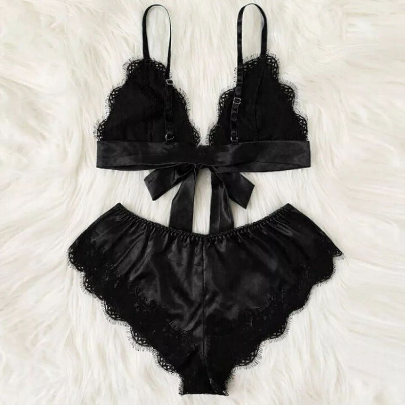 Sexy See-Through Elastic Pajamas Lace Satin Sleepwear Set