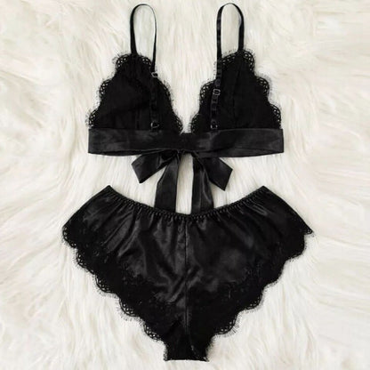 Sexy See-Through Elastic Pajamas Lace Satin Sleepwear Set
