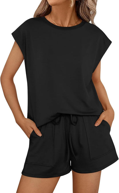 Conjunto informal de dos piezas para mujer, color liso, cuello redondo y manga corta