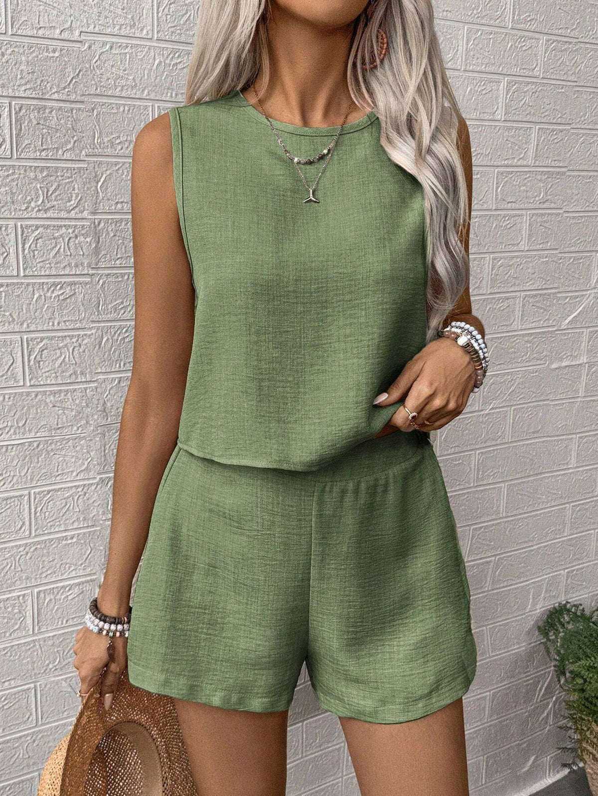 Women Casual Simple Solid Color Sleeveless Tank Top Shorts Set
