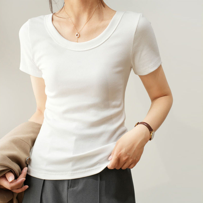 Women Simple Solid Color Round Neck Short Sleeve Blank T-Shirt