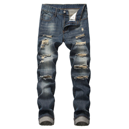 Men Casual Ripped Cotton Straight Slim-Fit Jeans