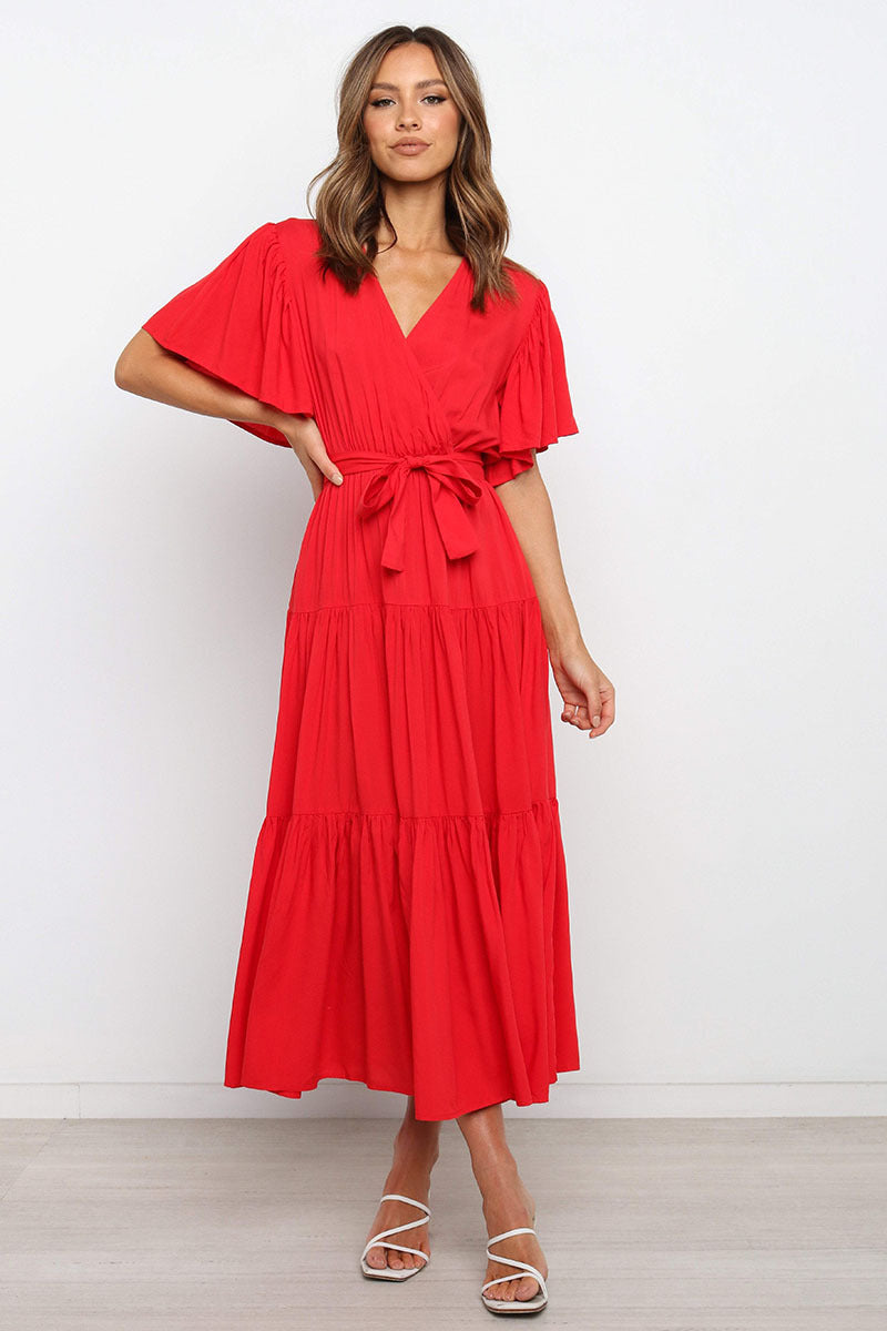 Summer Women Fashion Bohemian Style V-Neck Short Sleeve Maxi Dress