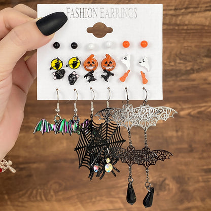 Juego de pendientes de calabaza, murciélago y fantasma de Halloween, aleación de dibujos animados