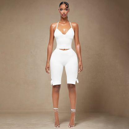 Women Solid Color Halter-Neck Backless Two-Piece Set with Bowknot Shorts