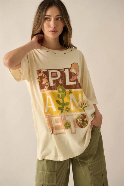 Camiseta informal de manga corta con cuello redondo y estampado para mujer