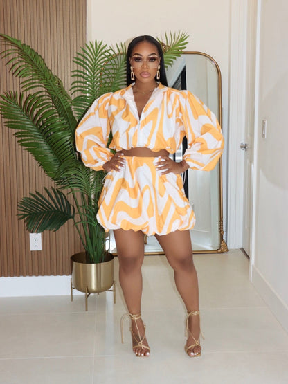 Women Fashion Casual Printed Long-Sleeve Top Skirt Set