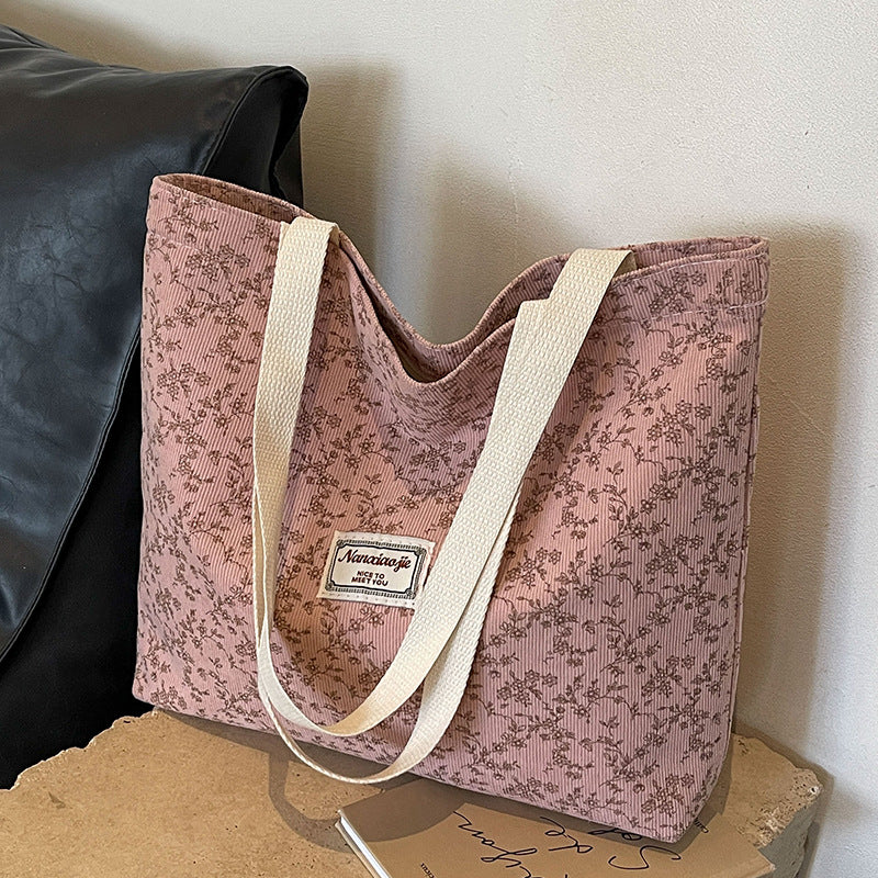 Bolso tote informal de pana con estampado floral para mujer
