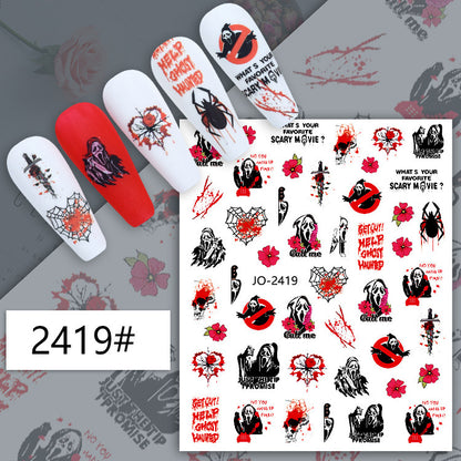 Autocollants pour ongles Halloween, motif crâne, citrouille, chat noir