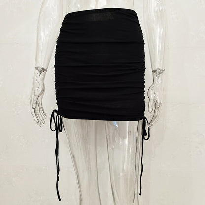 Women Fashion Solid Color Drawstring Pleated Skirt