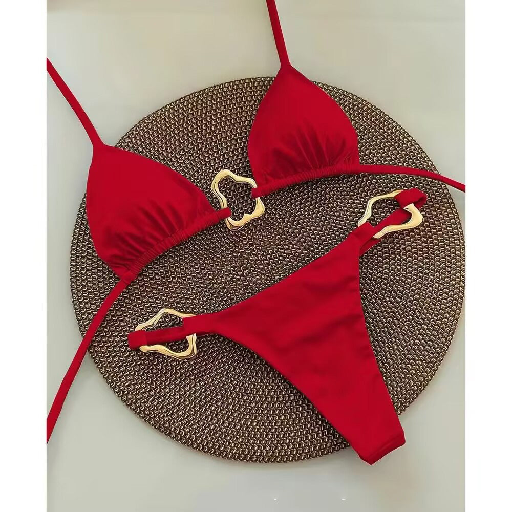 Bikini sexy de cuello halter de color sólido a la moda para mujer