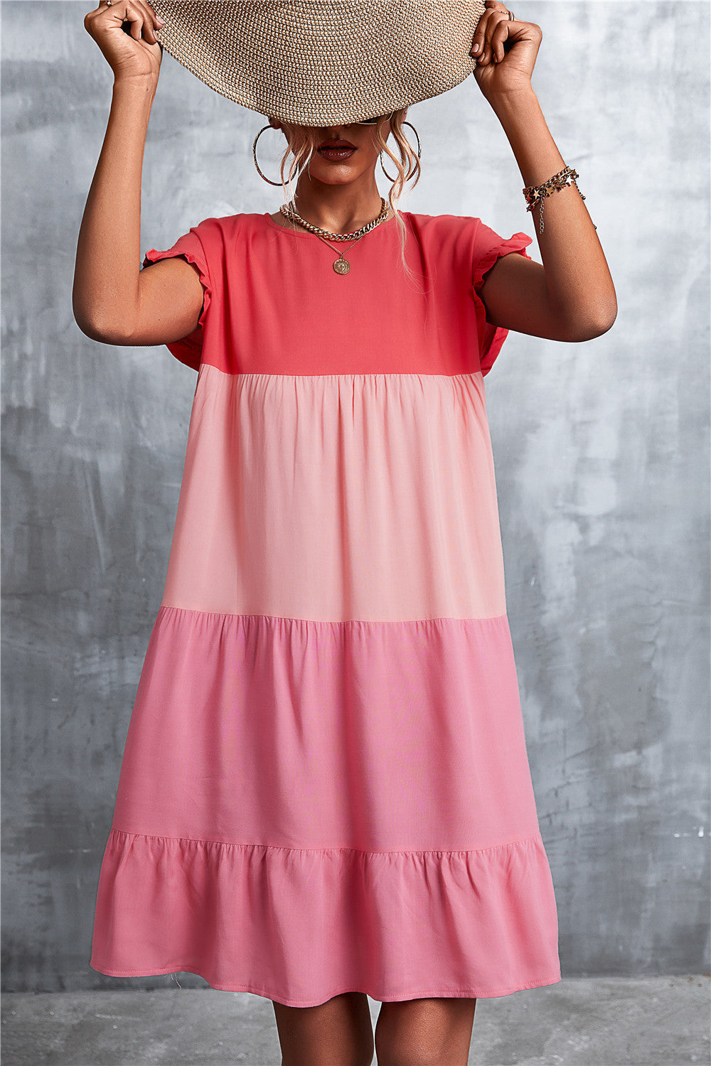 Women Bohemian Summer Short Sleeves Color Blocking Ruffled Dress
