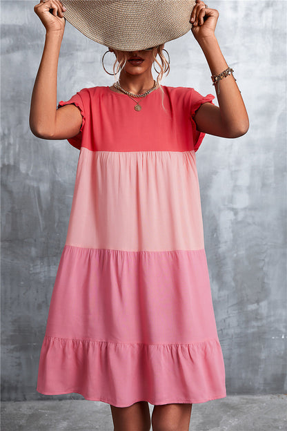 Women Bohemian Summer Short Sleeves Color Blocking Ruffled Dress