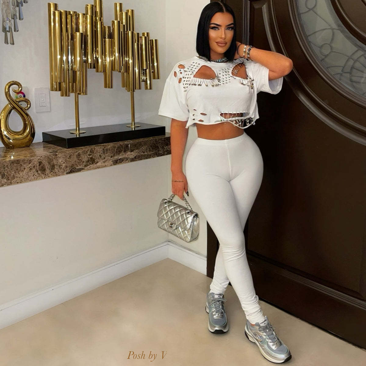 Women Fashion Creative Solid Color Round Neck T-Shirt Set