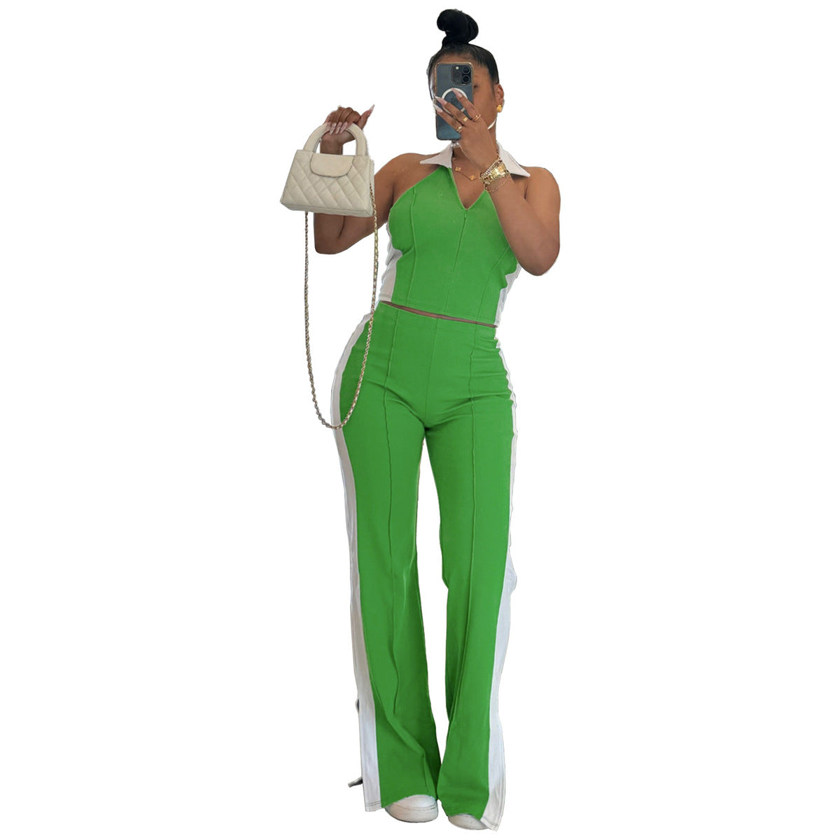 Ensemble haut sans manches et pantalon à col en V et fermeture éclair pour femme