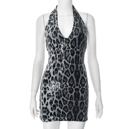 Robe sexy à paillettes léopard et col licou pour femme