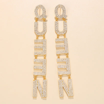Women Fashion Exaggerated Long Zircon Queen Letter Earrings