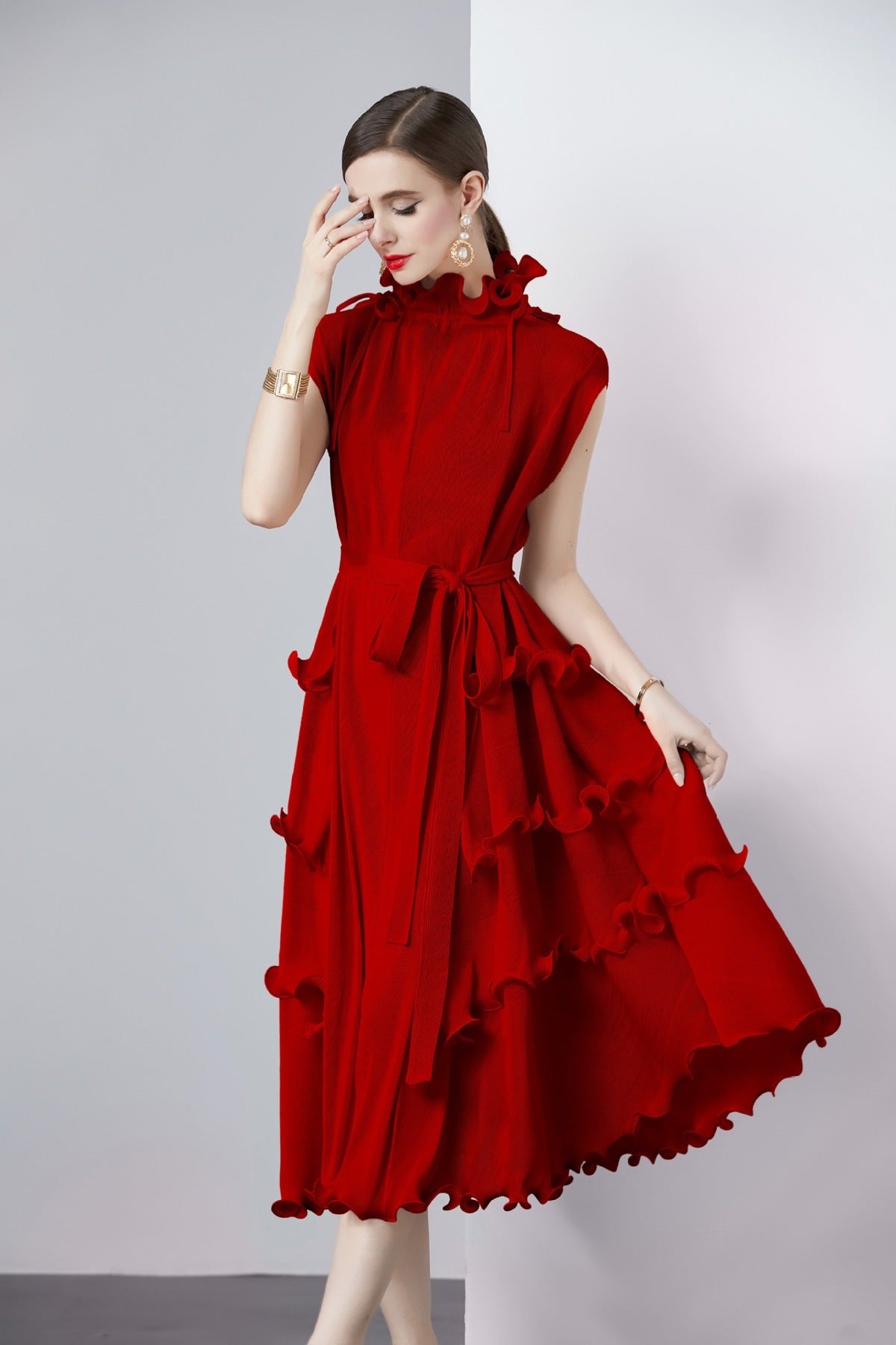 Women Solid Color Pleated Chiffon Dress