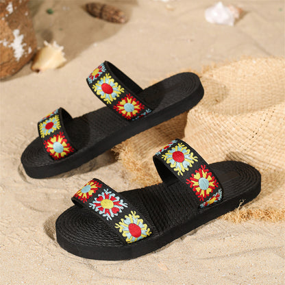 Chaussons plats d'été pour femmes, style bohème, ethnique, vintage, à fleurs