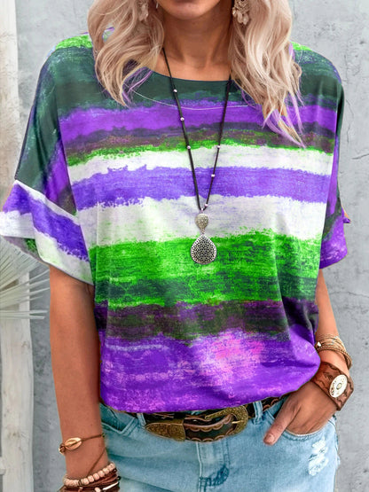 Camiseta informal de manga corta con estampado multicolor de mezcla de algodón para mujer