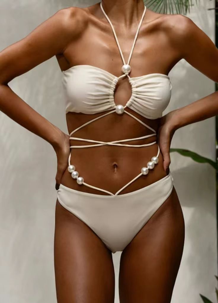 Women Fashion Sexy Solid Color Beads Bikini Swimsuit