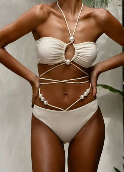 Women Fashion Sexy Solid Color Beads Bikini Swimsuit