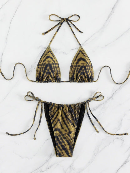 Women Sexy Retro Stripe Printed Halter-Neck Bikini Swimsuit