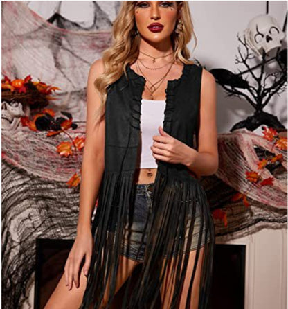 Women Casual Solid Color Suede Long Tassel Vest