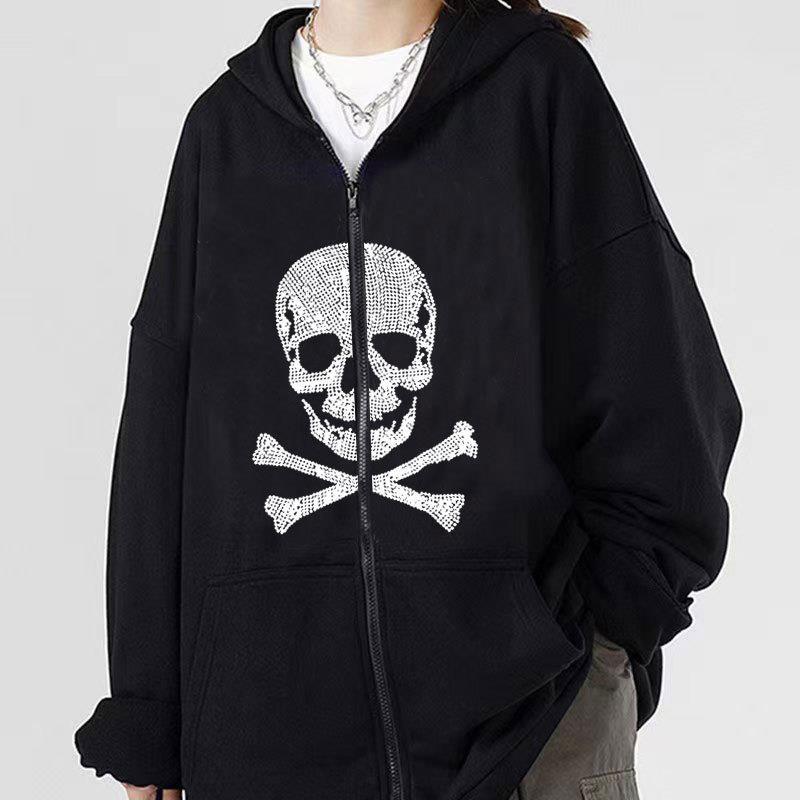 Cardigan sweat-shirt zippé gothique à motif tête de mort pour femme