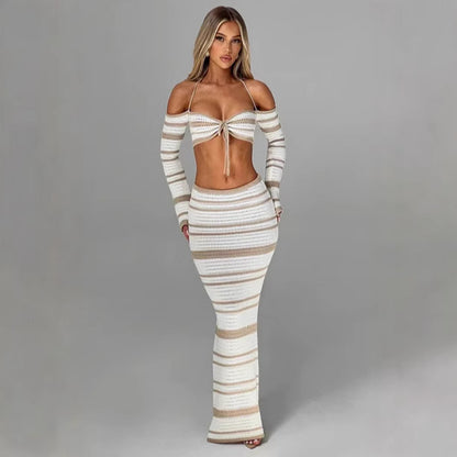 Women Fashion Sexy Stripe Halter-Neck Top Set