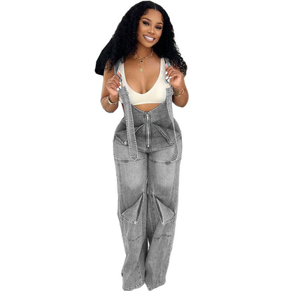 Women Casual Denim Jumpsuit Sleeveless High Waist Street Style