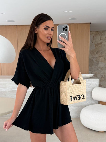 Combinaison ample à col en V et couleur unie pour femme