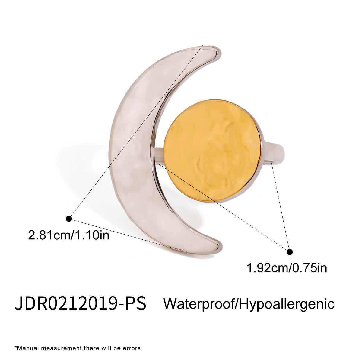 Bague ajustable créative en or 18 carats avec motif lune et soleil martelé pour femme