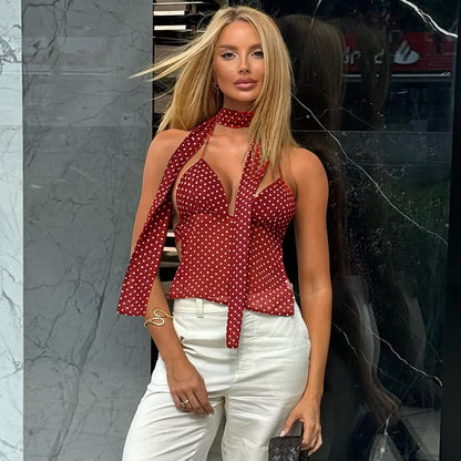 Haut court sexy à lacets et imprimé pois pour femme