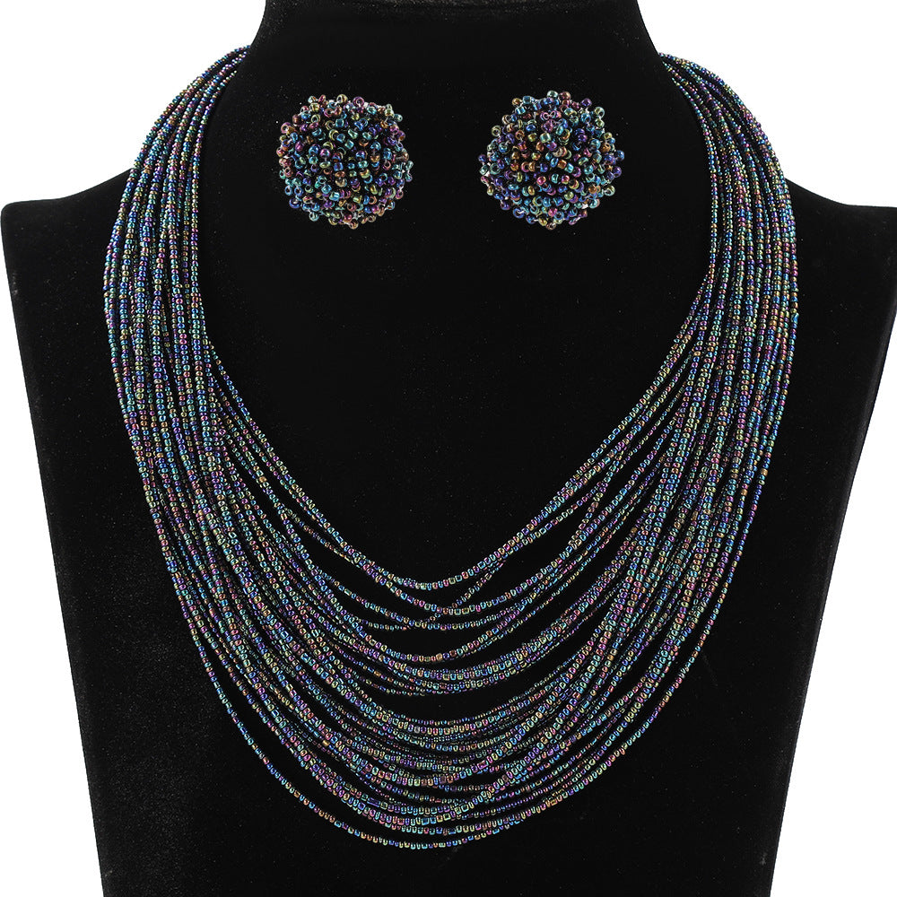 Conjunto de collar y pendientes con cuentas de arroz multicapa estilo bohemio para mujer