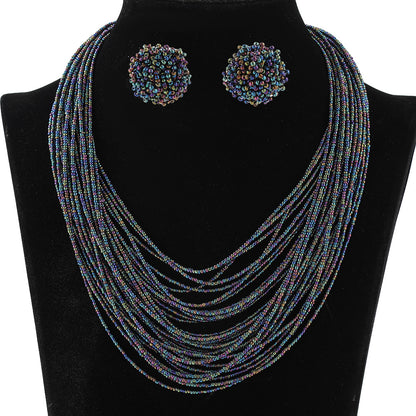 Conjunto de collar y pendientes con cuentas de arroz multicapa estilo bohemio para mujer