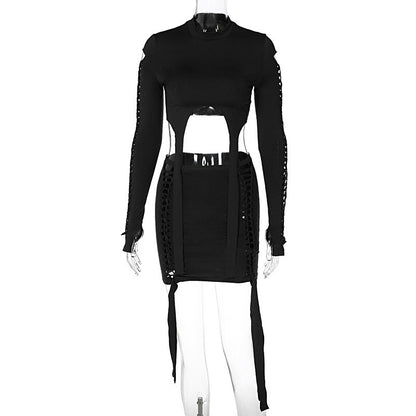 Women Fashion Sexy Solid Color Ripped Two-Piece Set