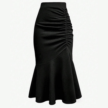 Women Casual Solid Color Pleated Fishtail Midi Skirt