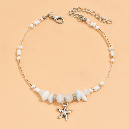 Tobillera con colgante de estrella de mar turquesa y cuentas de arroz estilo bohemio