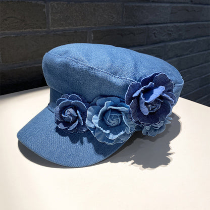 Women Fashion Casual Flower Decoration Denim Flat Hat