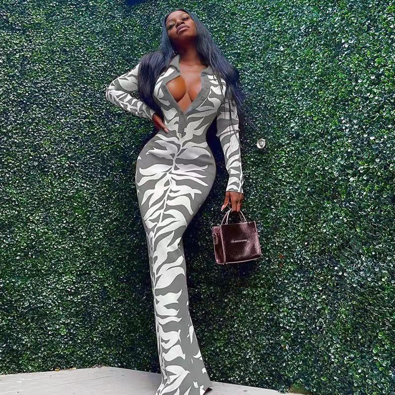 Women Fashion Sexy Printed Lapel-Breasted Dress