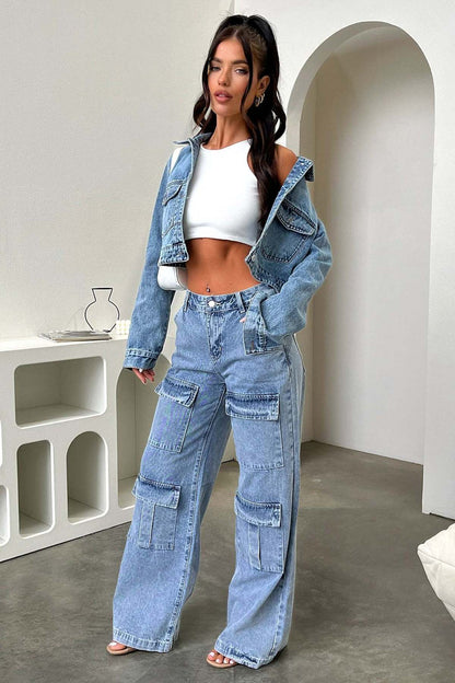 Jean large multi-poches décontracté à la mode pour femme