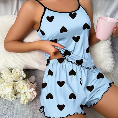 Women Fashion Sexy Love Printed Camisole Pajamas Set