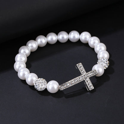 Women Fashion White Imitation Pearl Cross Bracelet