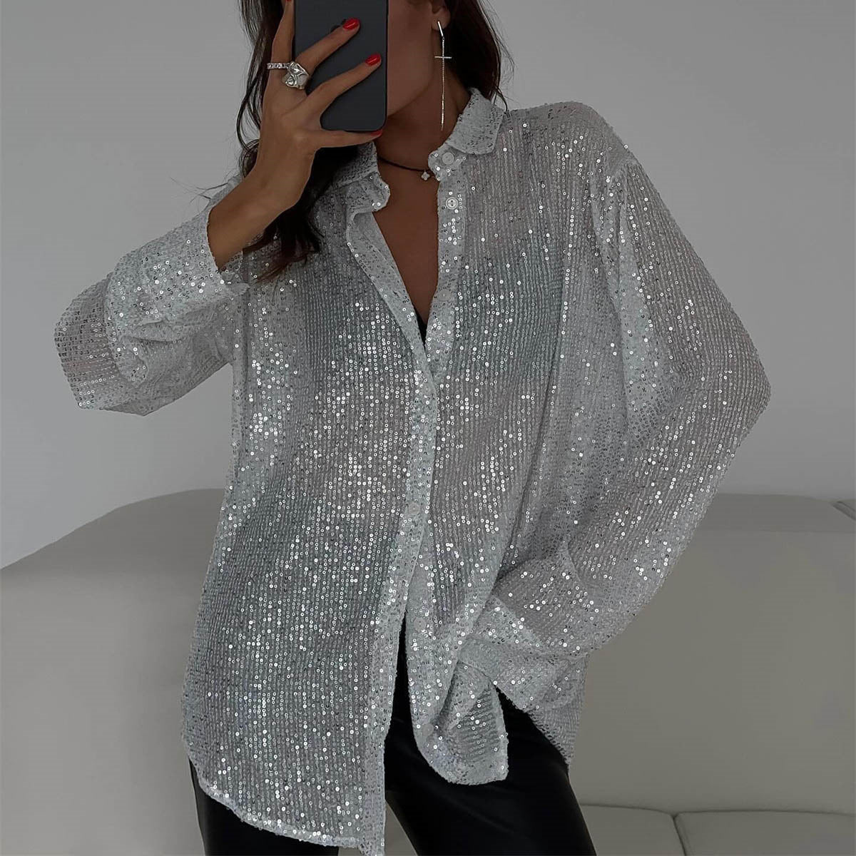 Blusa informal de manga larga con solapa y cuentas de color liso para mujer, de poliéster